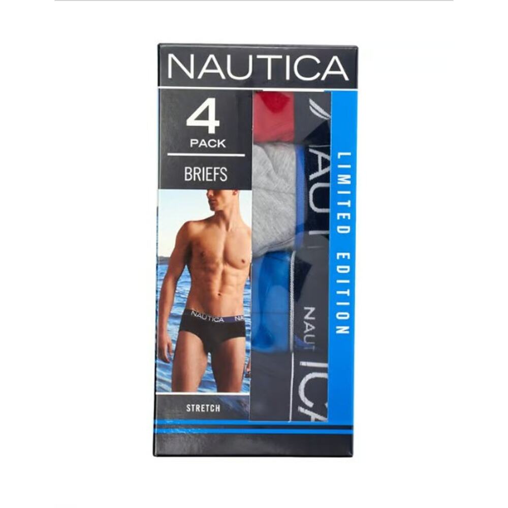 Nautica Men's Large 36-38 Stretch Briefs 4-Pack Red Gray Blue NIB